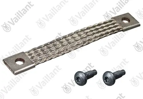 Vaillant Erdungskabel aus geflochtenem Metall mit zwei dazugehörigen Schrauben, geeignet für elektrische Anlagen.